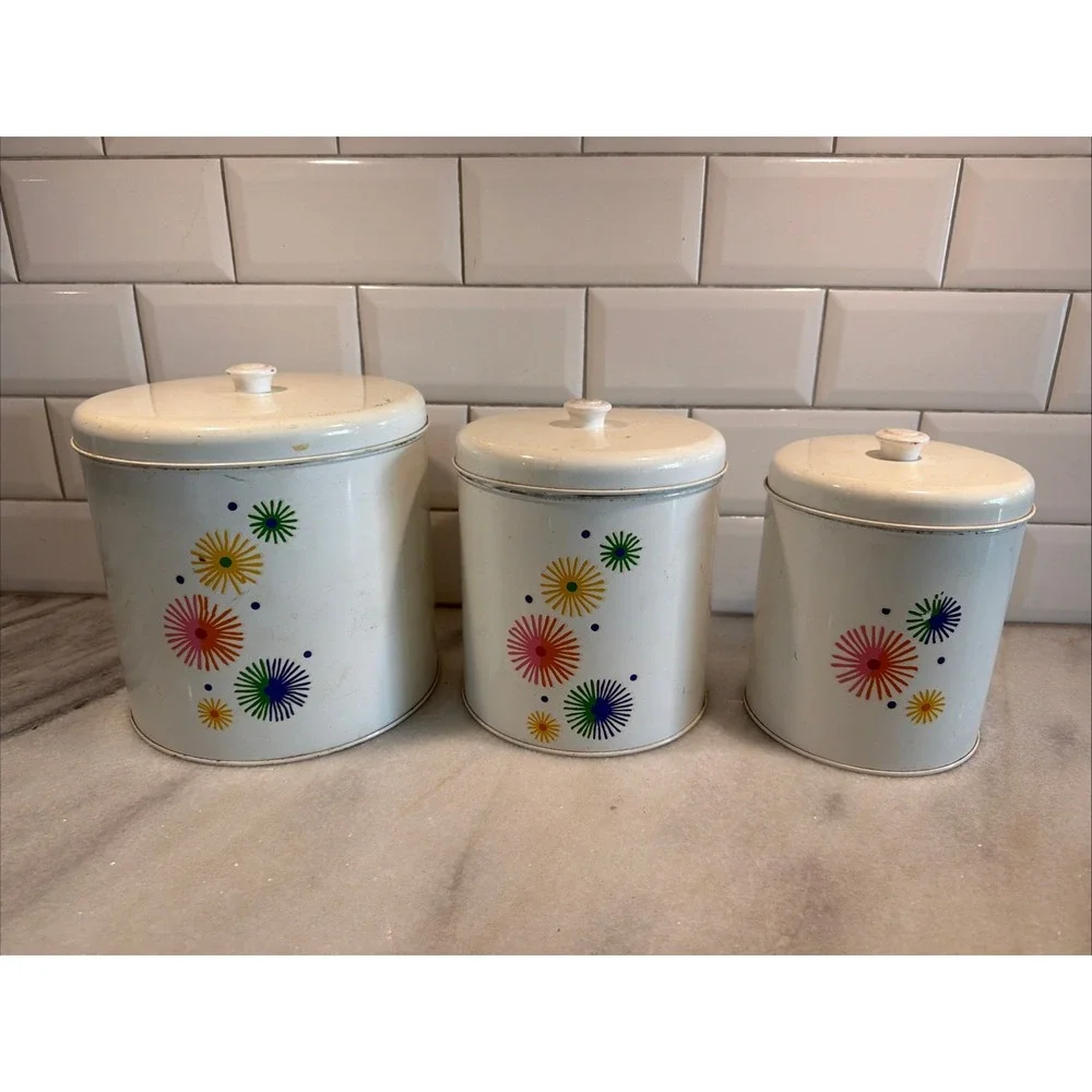 Vintage MCM Atomic Pattern Colorful Metal Canisters GW992